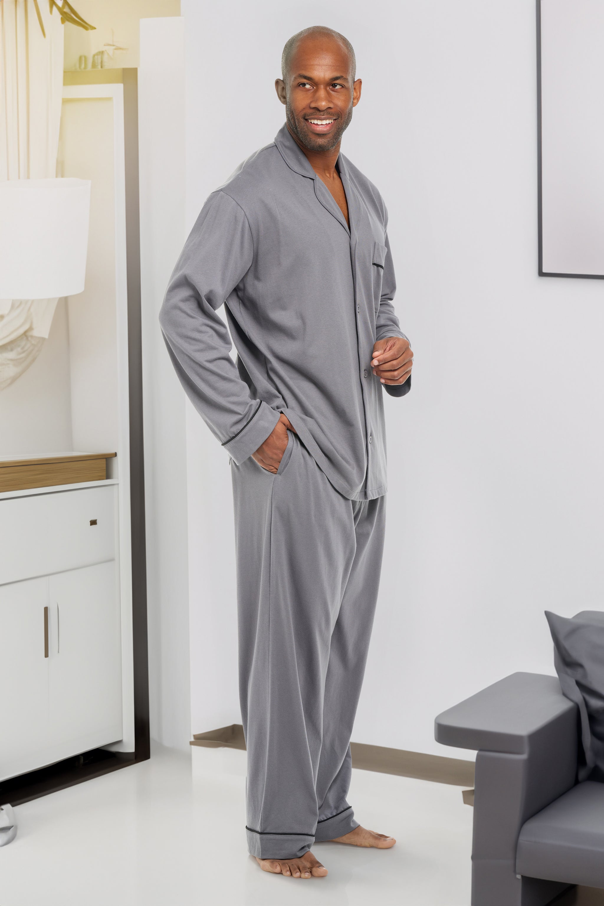 ADR Men's Soft Cotton Knit Jersey Pajamas Lounge Set, Long Sleeve