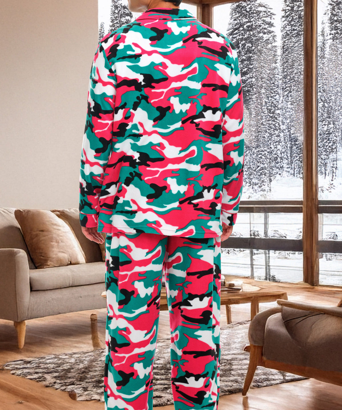 Christmas Camouflage Lightweight Fleece Pajamas for Men, Long Sleeve Button Up PJ Set with Pockets
