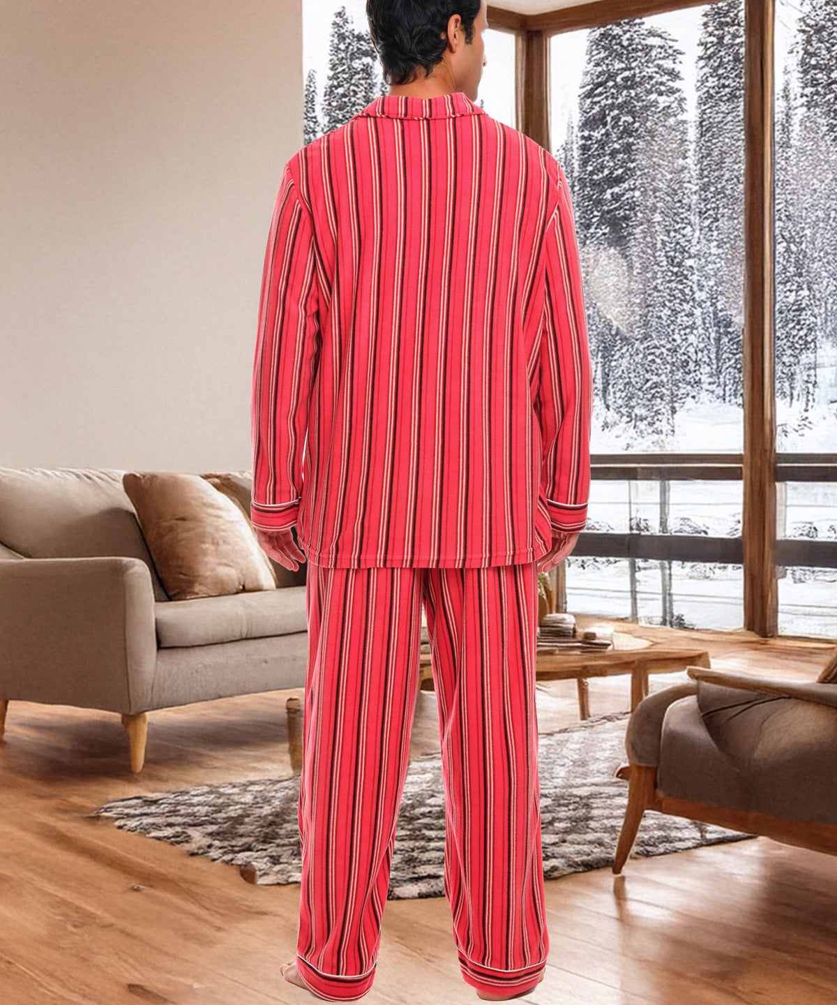 Cabin Stripe Lightweight Fleece Pajamas for Men, Long Sleeve Button Up PJ Set with Pockets