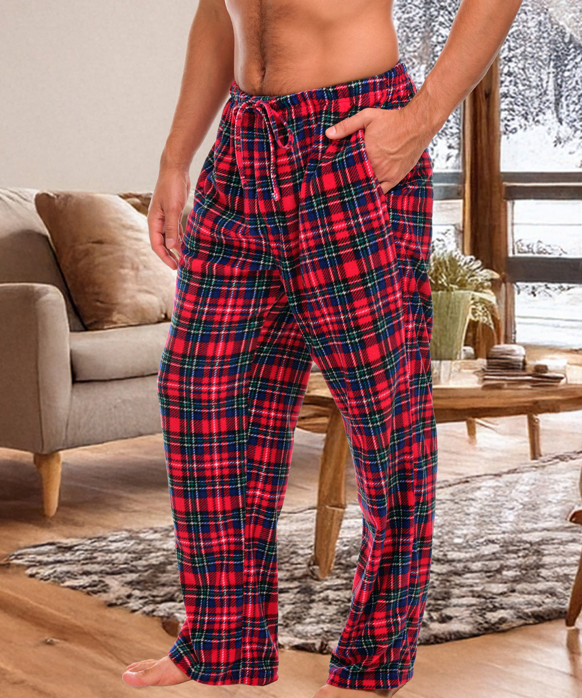 Men's Christmas Plaid Soft Polar Fleece Pajama Pants, Sweatpants, Pj Bottoms