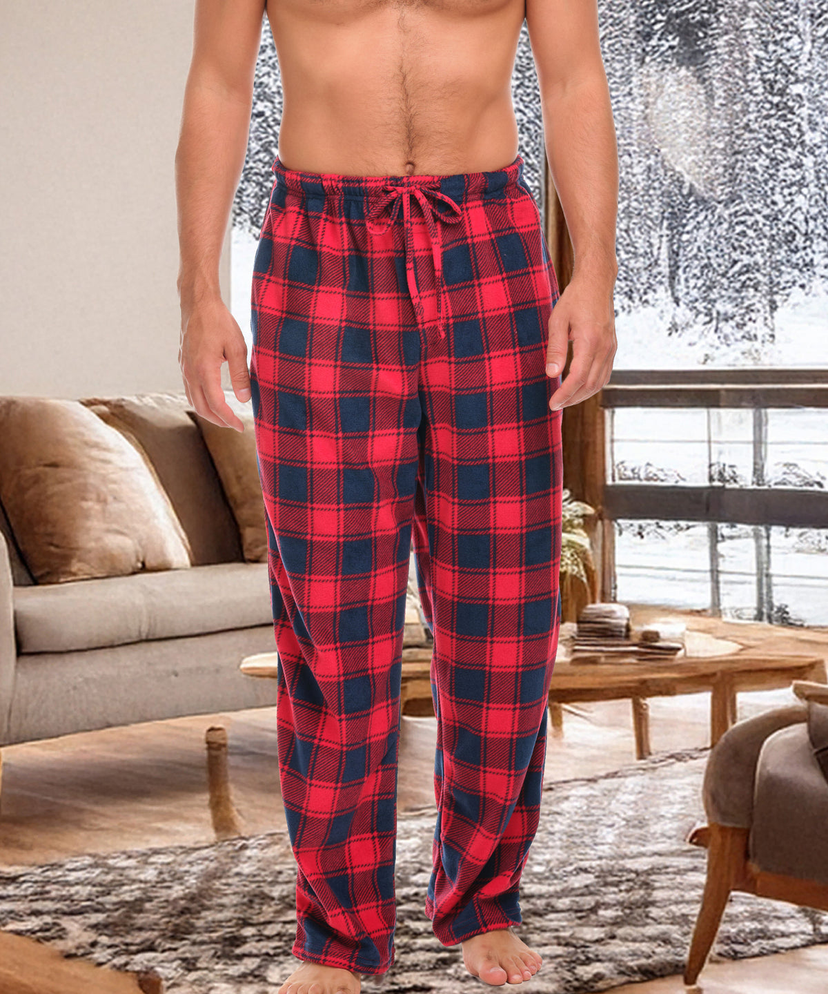 Men's Red and Navy Plaid Soft Polar Fleece Pajama Pants, Sweatpants, Pj Bottoms
