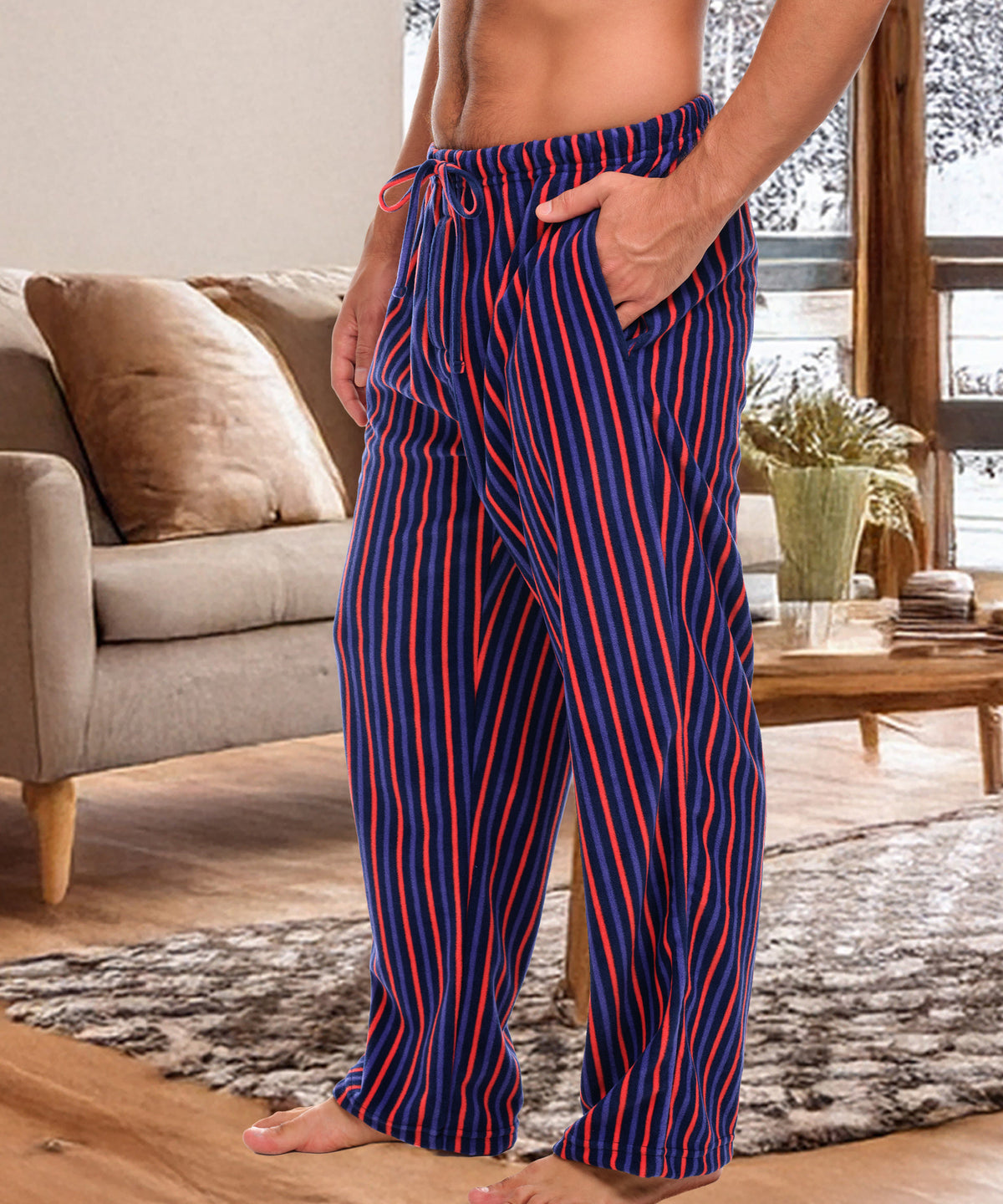Men's Cranberry Navy Stripe Soft Polar Fleece Pajama Pants, Sweatpants, Pj Bottoms