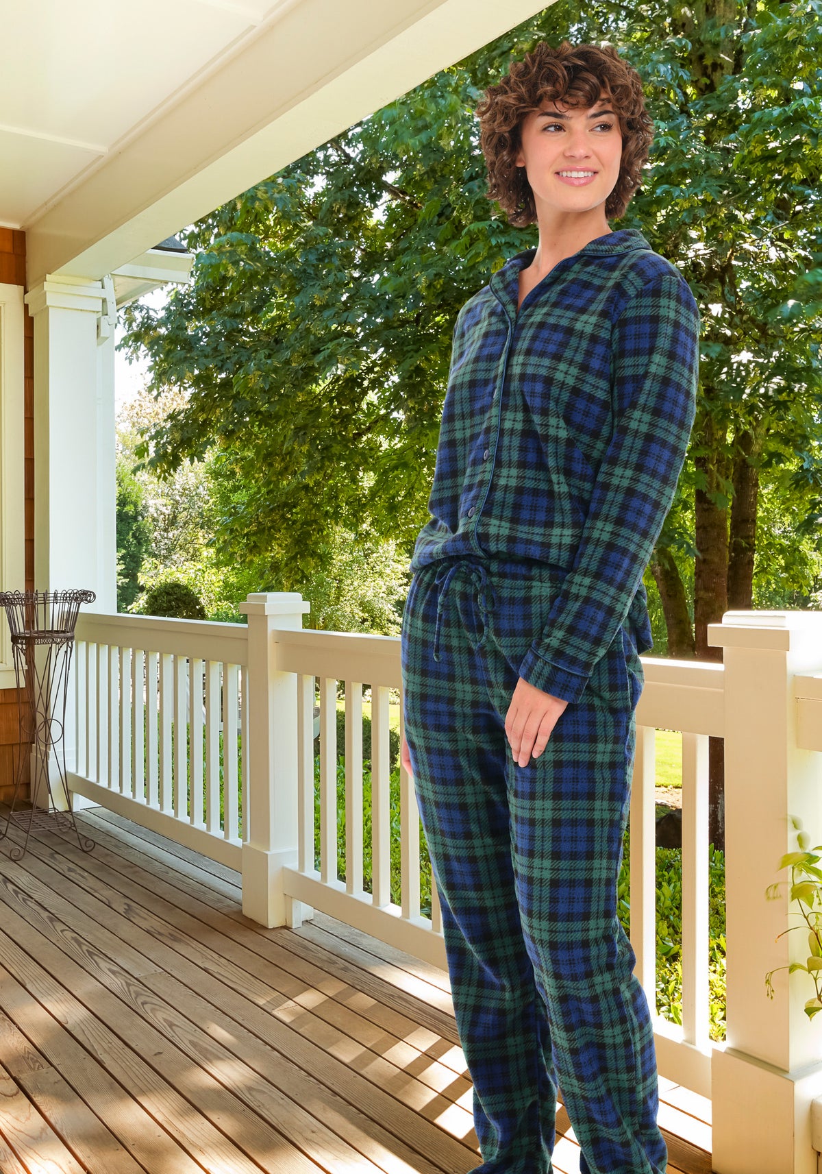 Black Watch Tartan Plaid Lightweight Fleece Pajamas for Women, Long Sleeve Button Up PJ Set with Pockets