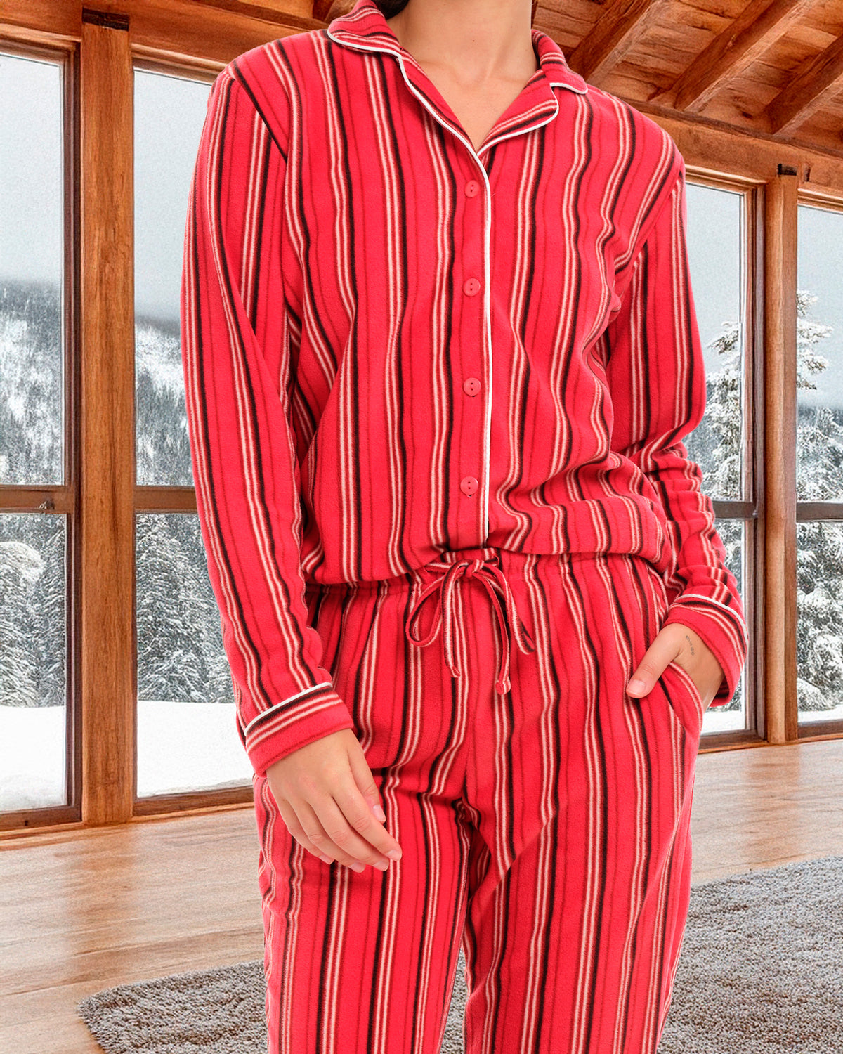 Cabin Stripe Lightweight Fleece Pajamas for Women, Long Sleeve Button Up PJ Set with Pockets