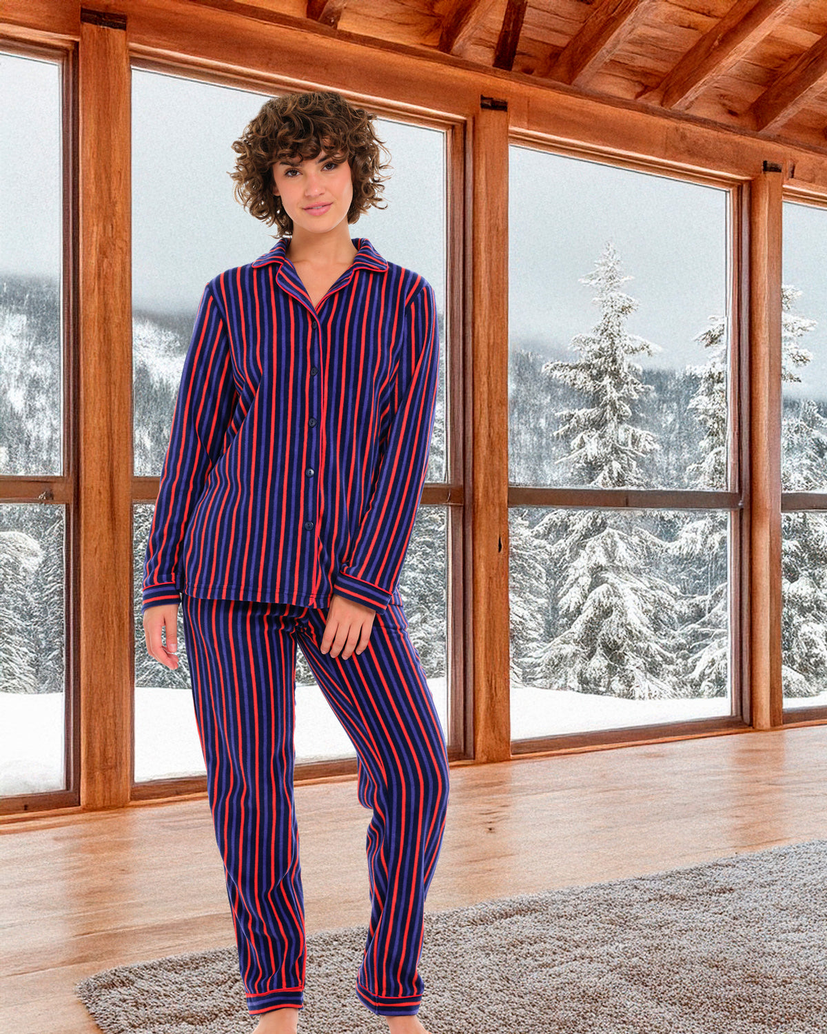 Cranberry Navy Stripe Lightweight Fleece Pajamas for Women, Long Sleeve Button Up PJ Set with Pockets