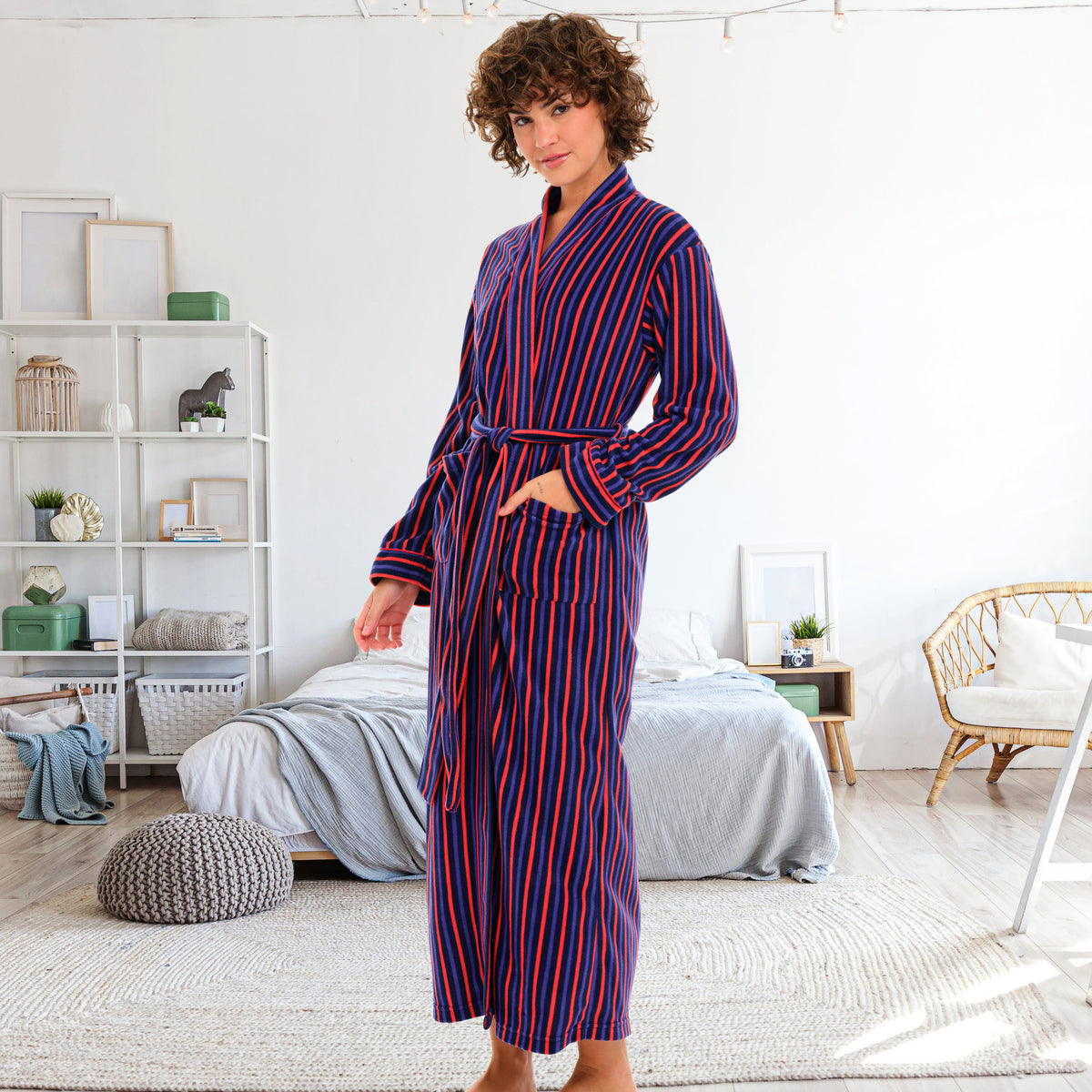 Women's Cranberry Navy Stripe Lightweight Fleece Robe – Long Sleeve, Calf Length with Pockets