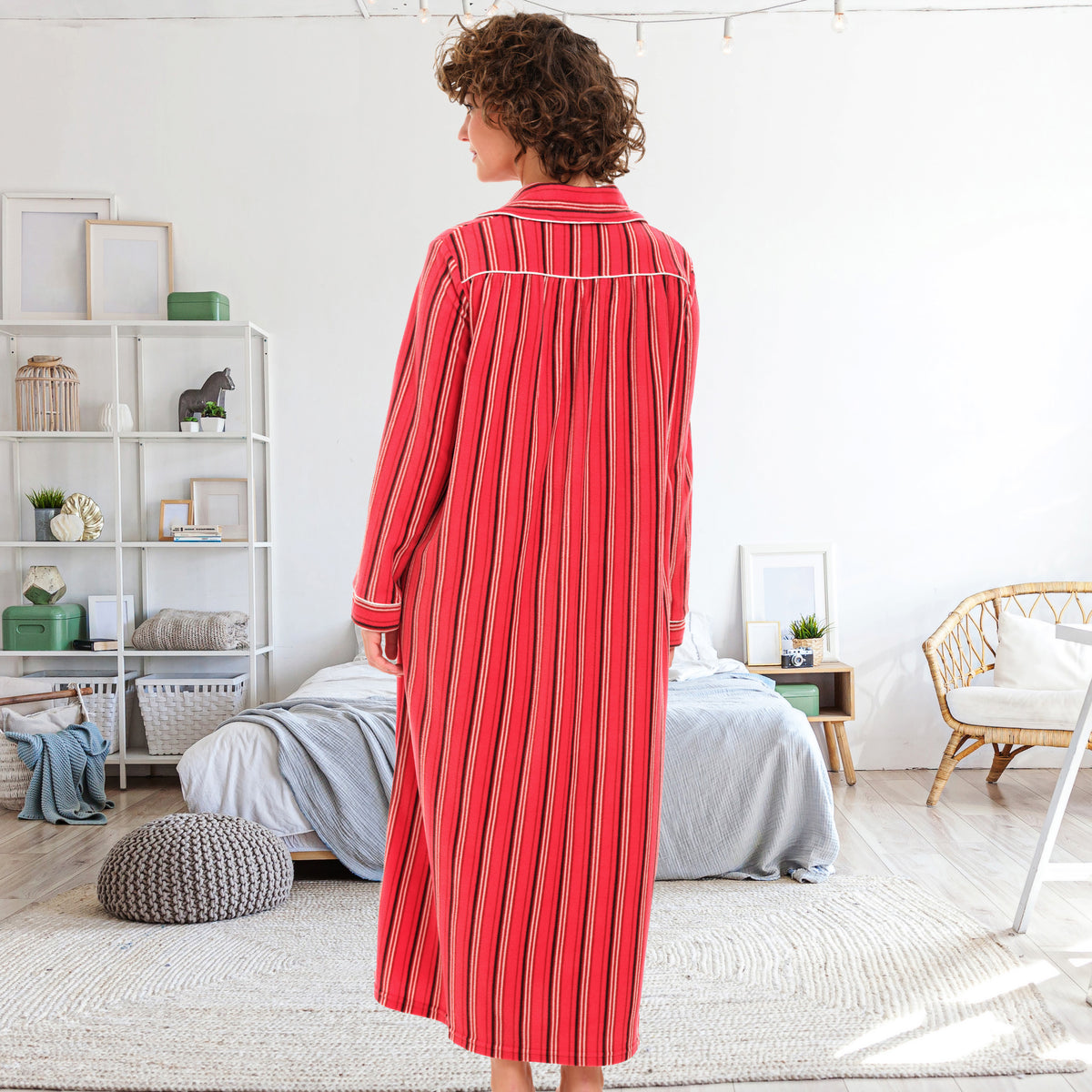 Women's Cabin Stripe Polar Fleece Nightgown, Long Button Up Sleep Shirt