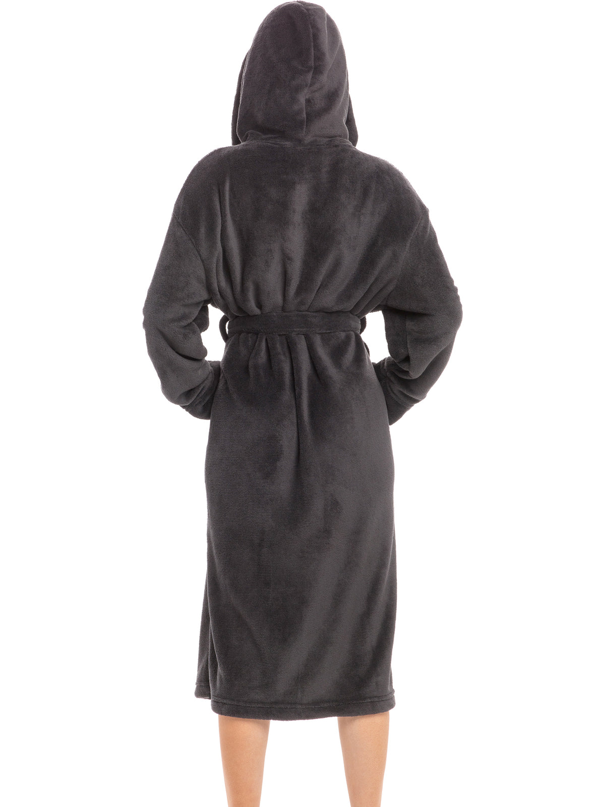 Women's Graphite Gray Plush Fleece Robe with Hood, Lightweight Hooded Bathrobe with Pockets - Graphite Gray - lifestyle