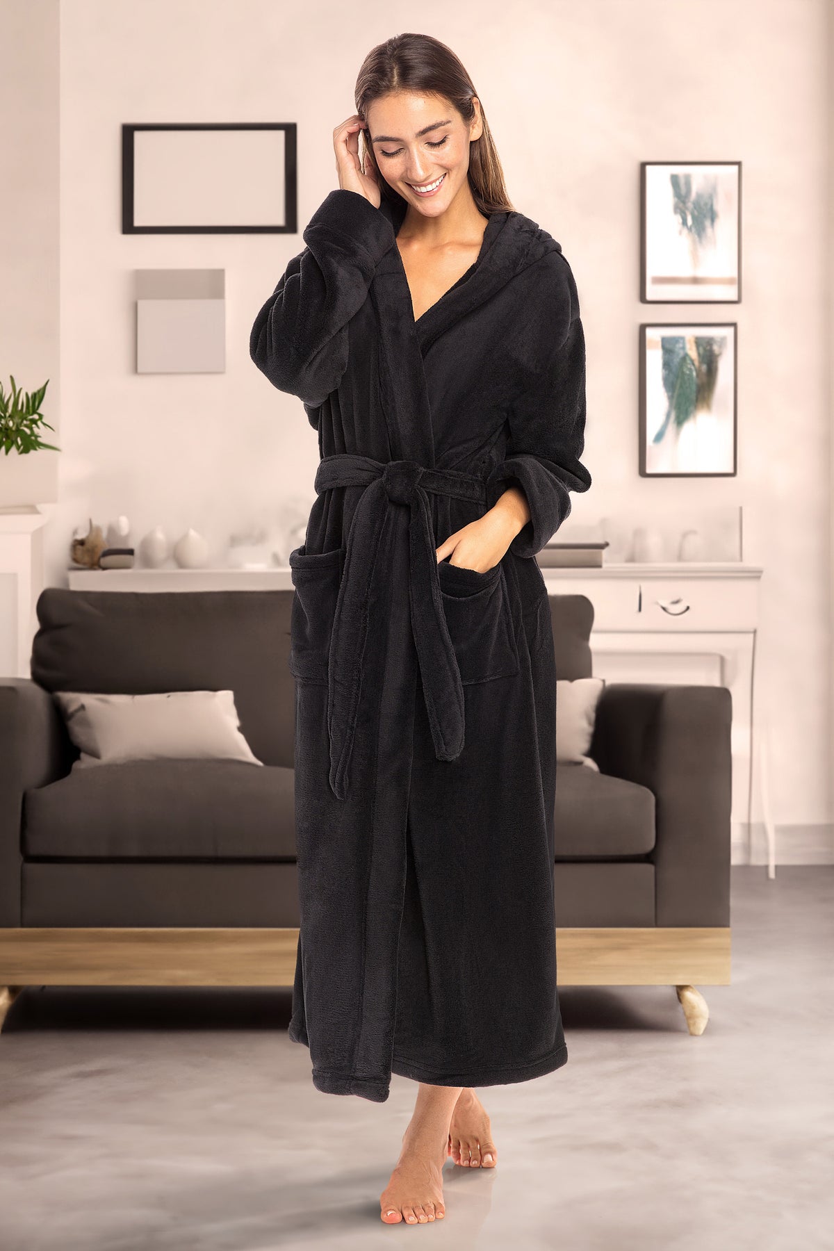 Black Plush Fleece Robe for Women, Long Hooded Bathrobe with Hood, Plus Size