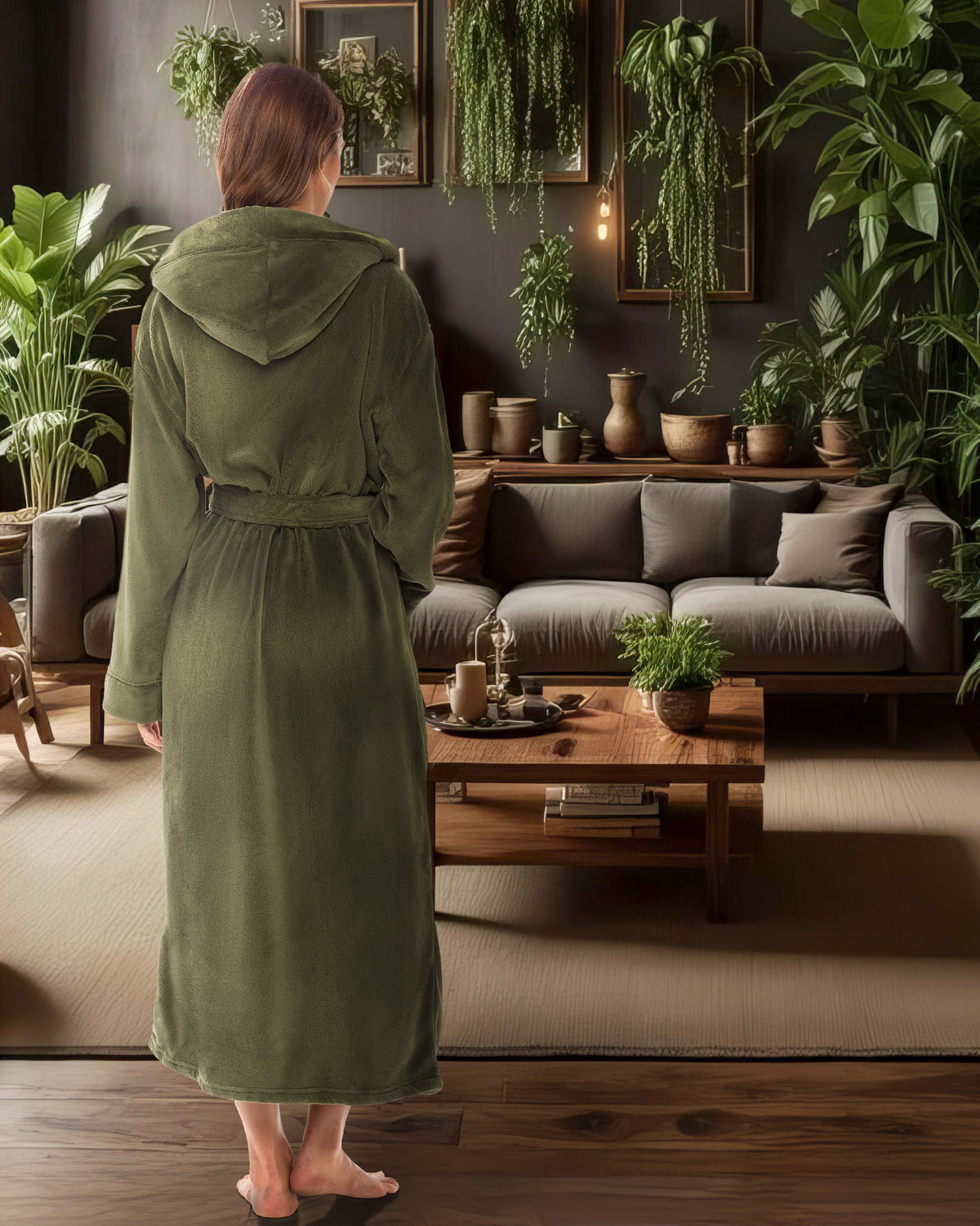 Army Green Plush Fleece Robe for Women, Long Hooded Bathrobe with Hood, Plus Size