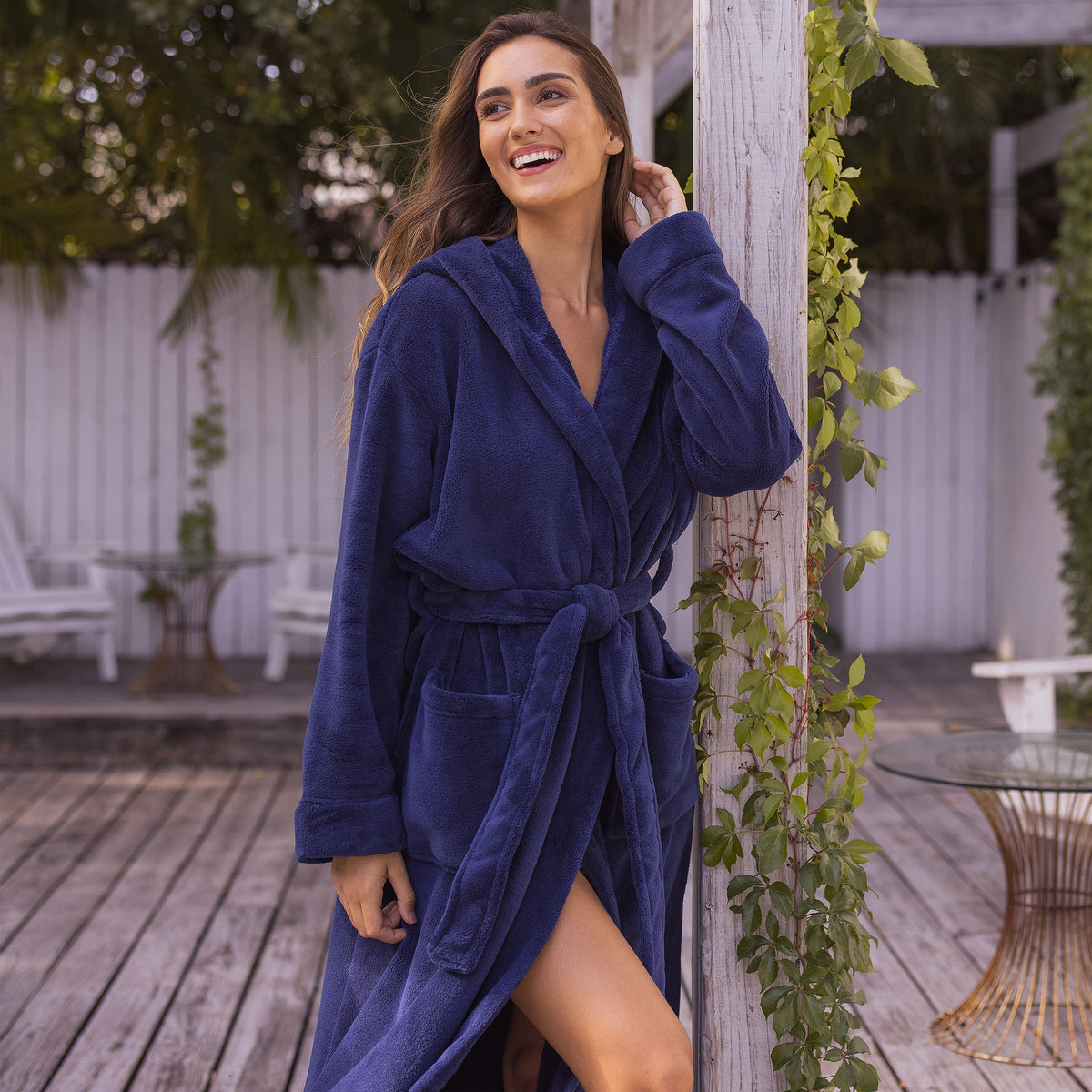 Navy Blue Plush Fleece Robe for Women, Long Hooded Bathrobe with Hood, Plus Size
