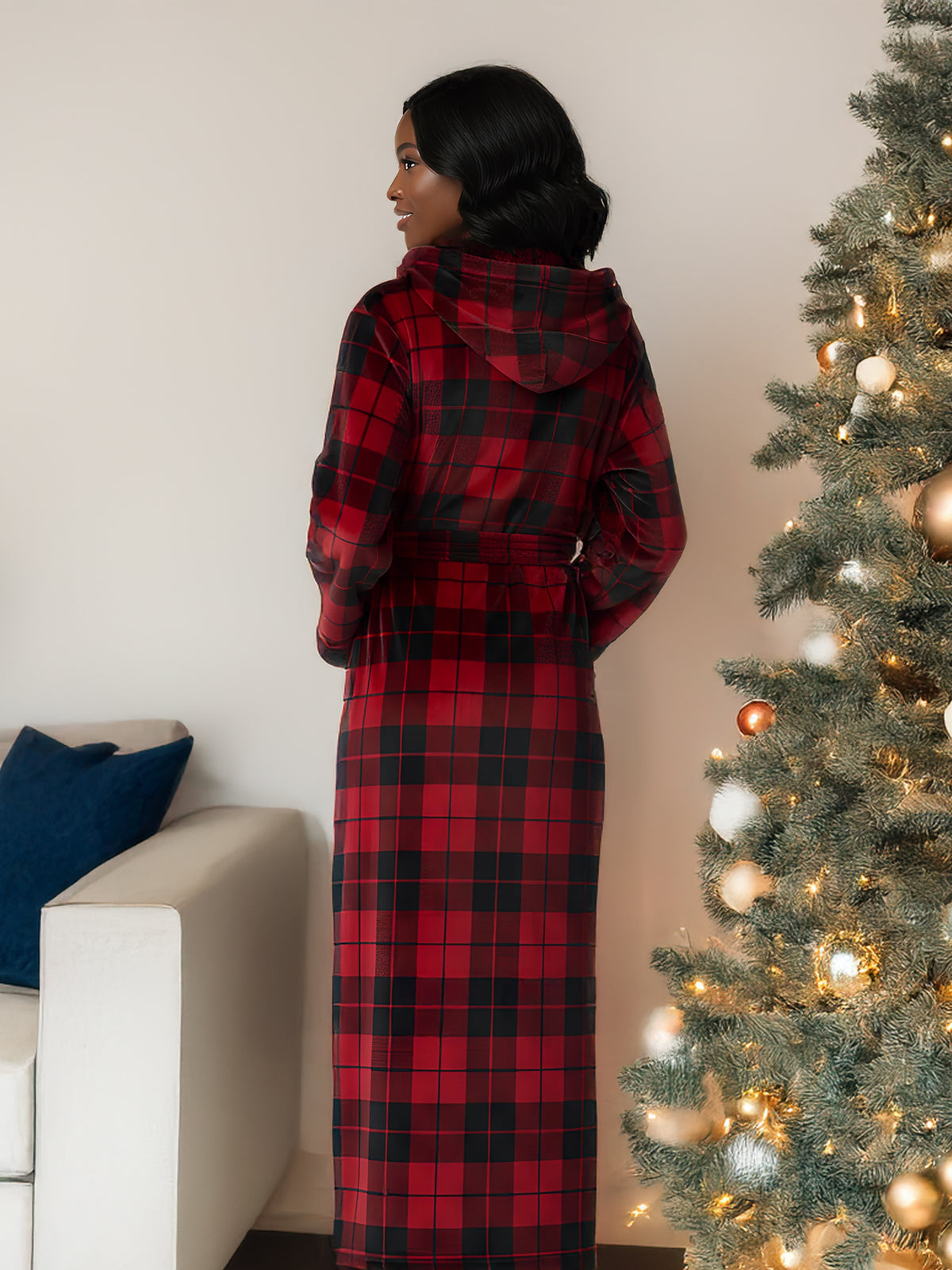 Red Black Plaid Plush Fleece Robe for Women, Long Hooded Bathrobe with Hood, Plus Size