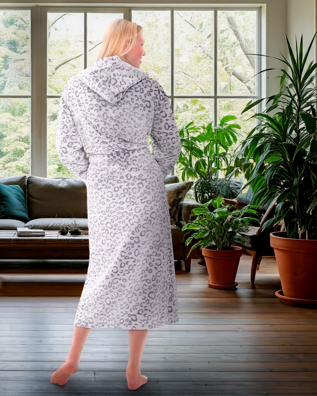 Leopard Print White Plush Fleece Robe for Women, Long Hooded Bathrobe with Hood, Plus Size
