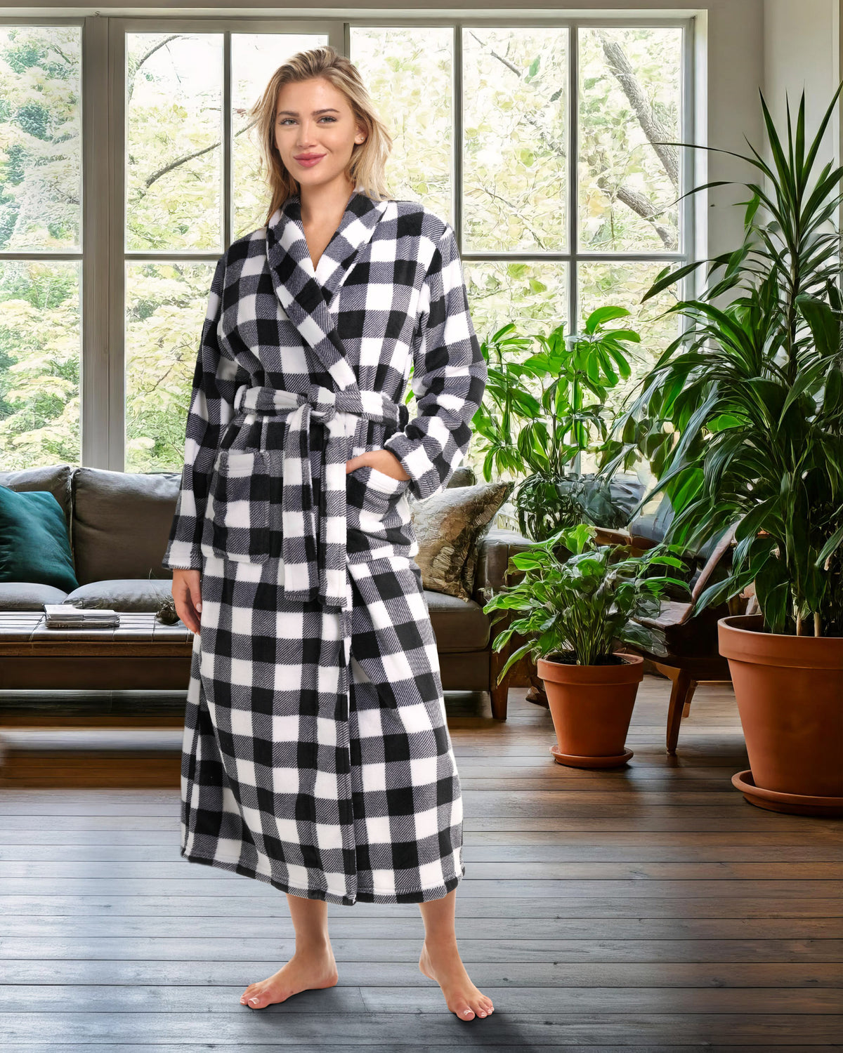 Buffalo Check White Black Plaid Plush Striped Robe for Women, Long Fleece Plaid Winter Bath Robe, Plus Size