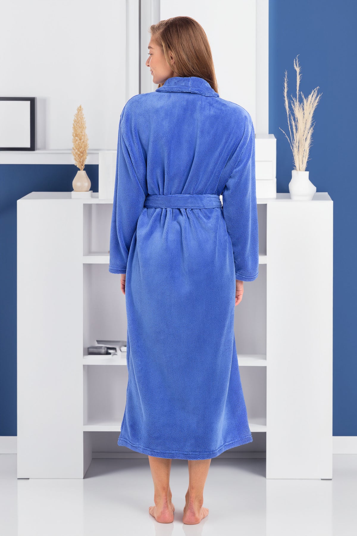 Sky Blue Plush Striped Robe for Women, Long Fleece Plaid Winter Bath Robe, Plus Size