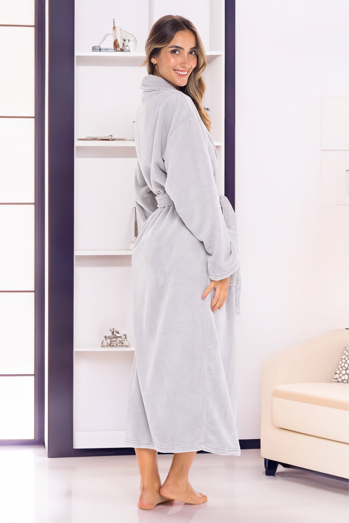 Light Gray Plush Striped Robe for Women, Long Fleece Plaid Winter Bath Robe, Plus Size