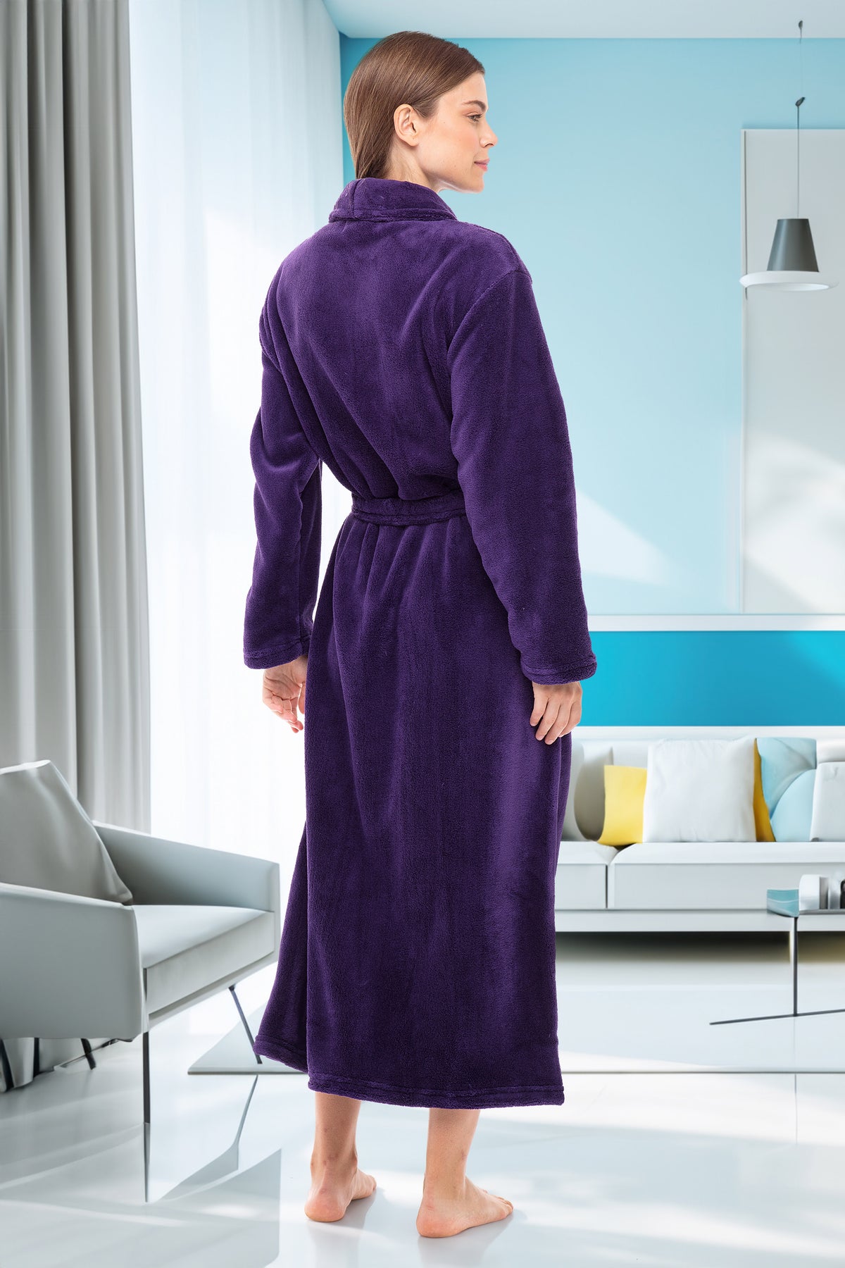 Purple Plush Striped Robe for Women, Long Fleece Plaid Winter Bath Robe, Plus Size