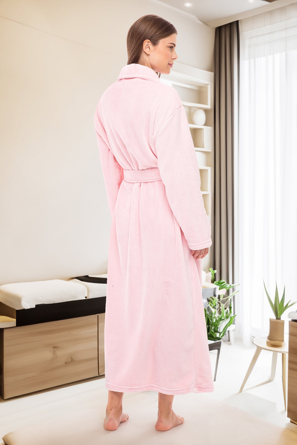 Pink Rose Quartz Plush Striped Robe for Women, Long Fleece Plaid Winter Bath Robe, Plus Size