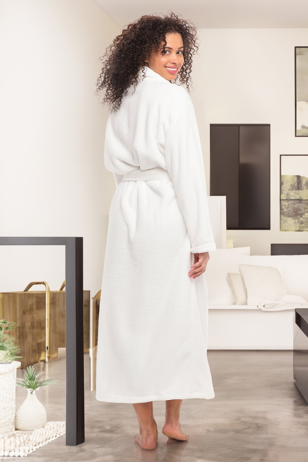 White Plush Striped Robe for Women, Long Fleece Plaid Winter Bath Robe, Plus Size