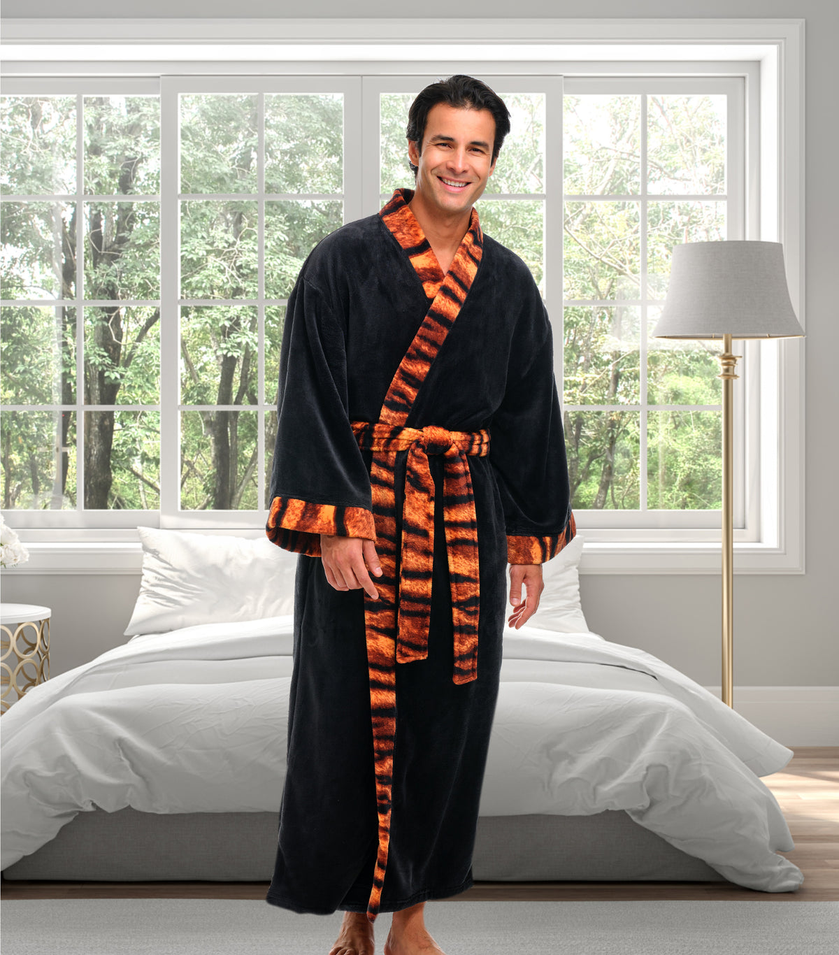 Mens Tiger Print Accent Kimono Robe, Japanese Robe for Men