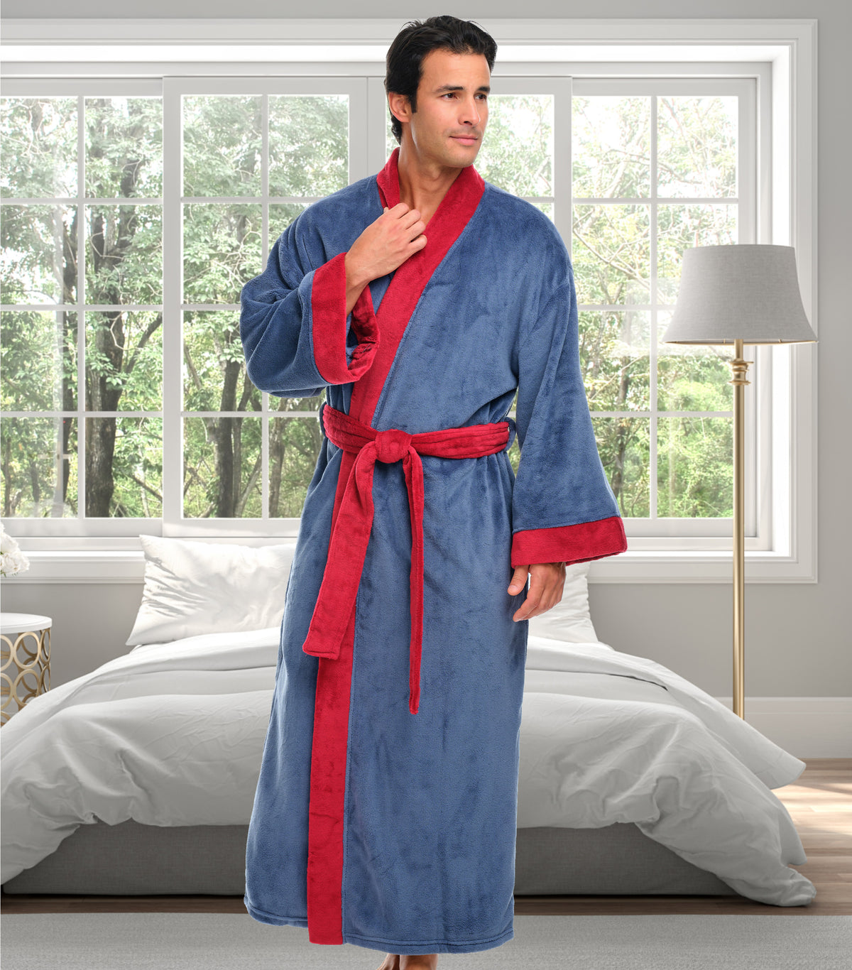 Mens Faded Blue & Burgundy Kimono Robe, Japanese Robe for Men