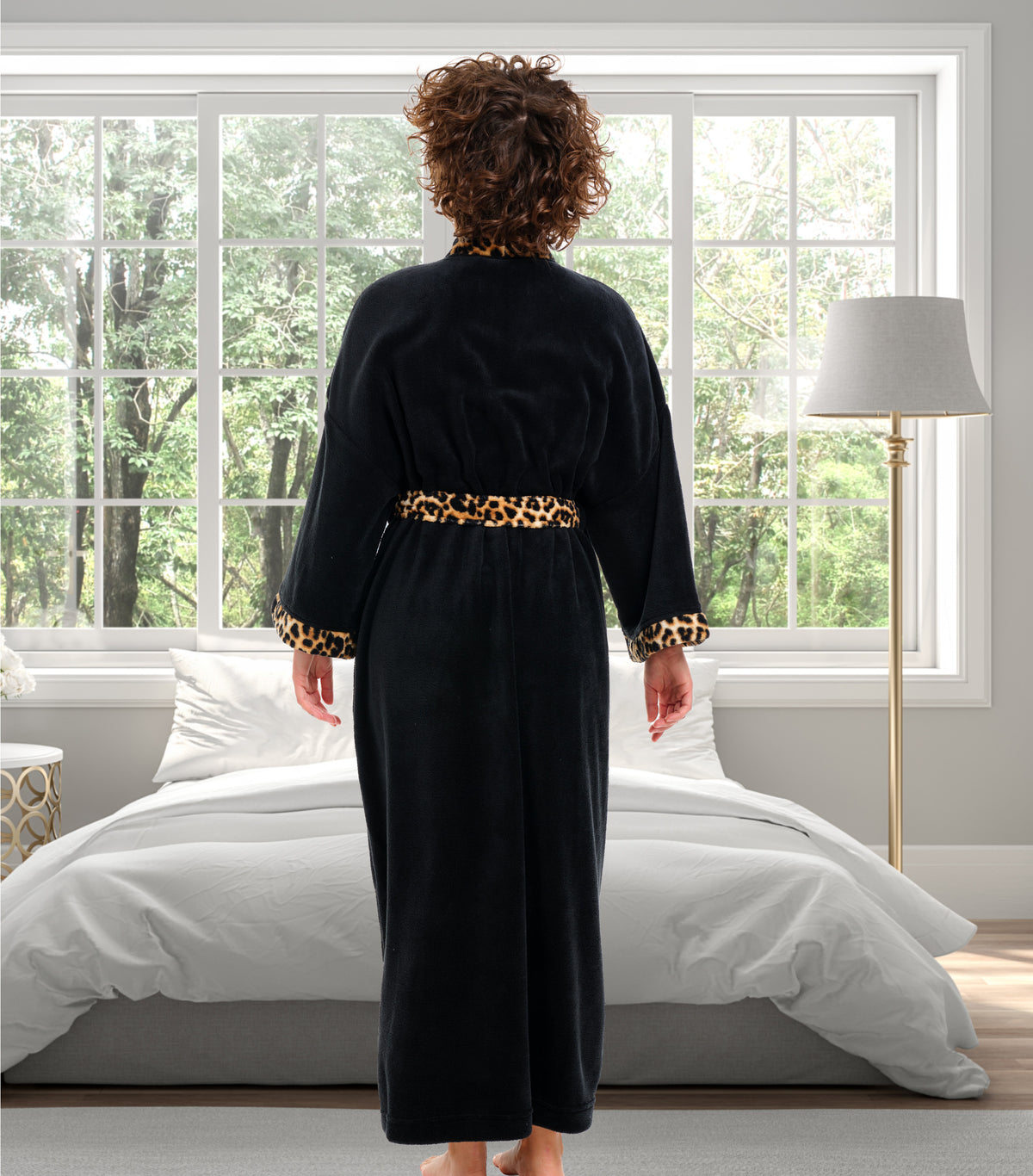 Womens Black with Leopard Print Accents Kimono Robe, Robe for Women