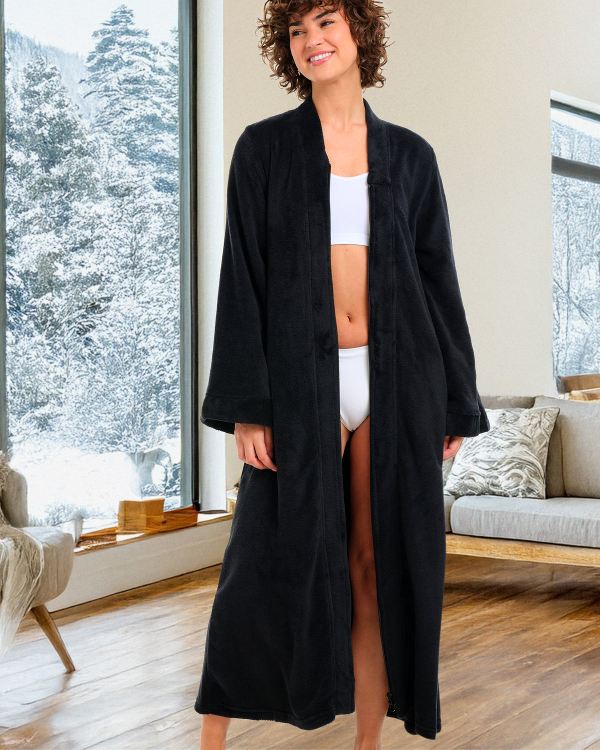 Womens Black Zip Up Kimono Robe, Japanese Robe for Women