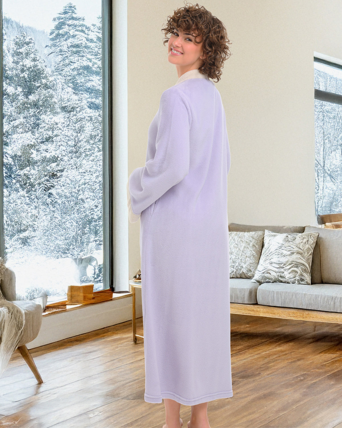 Womens Muted Mauve with Vanilla Zip Up Kimono Robe, Japanese Robe for Women