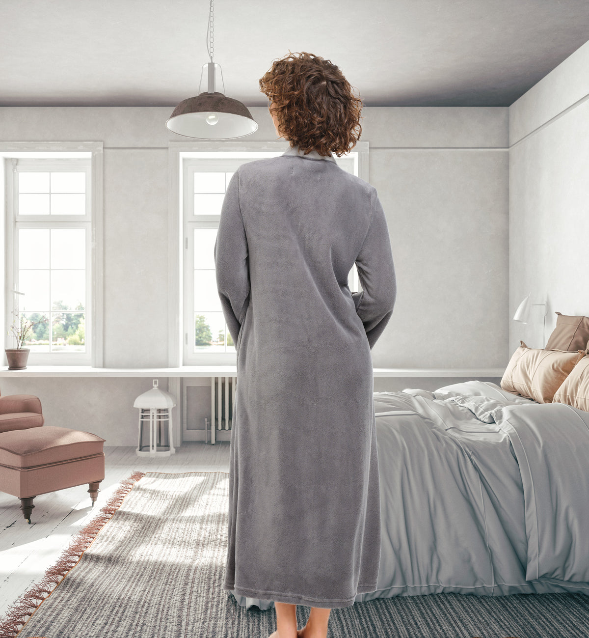 Womens Steel Gray with Light Gray Zip Up Kimono Robe, Japanese Robe for Women