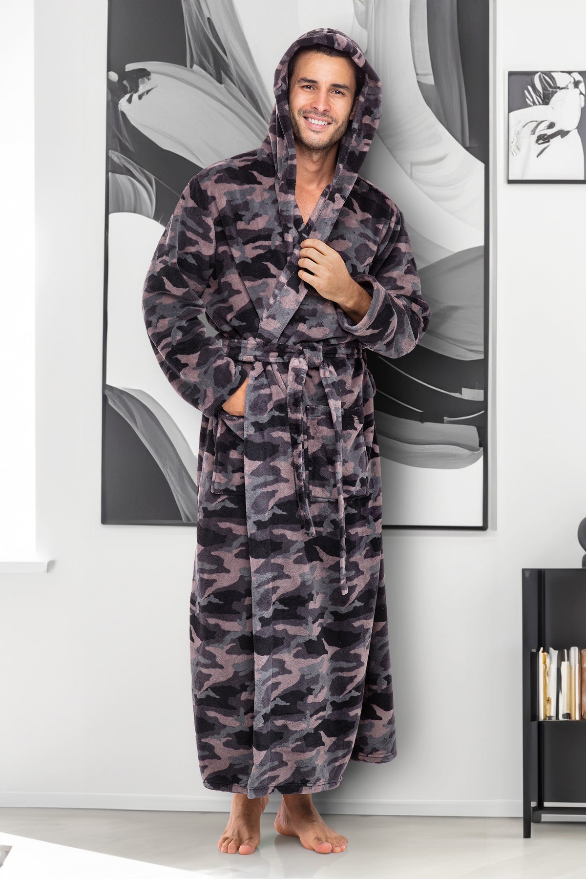 Men's Black Gray Camouflage Plush Fleece Hooded Bathrobe, Full Length Long Warm Lounge Robe with Hood