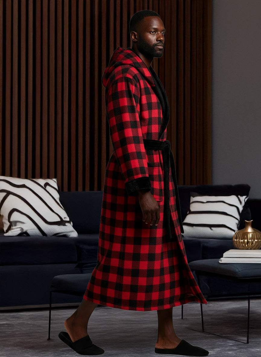 Men's Red Black Buffalo Check Plaid with Black Plush Fleece Hooded Bathrobe, Full Length Long Warm Lounge Robe with Hood