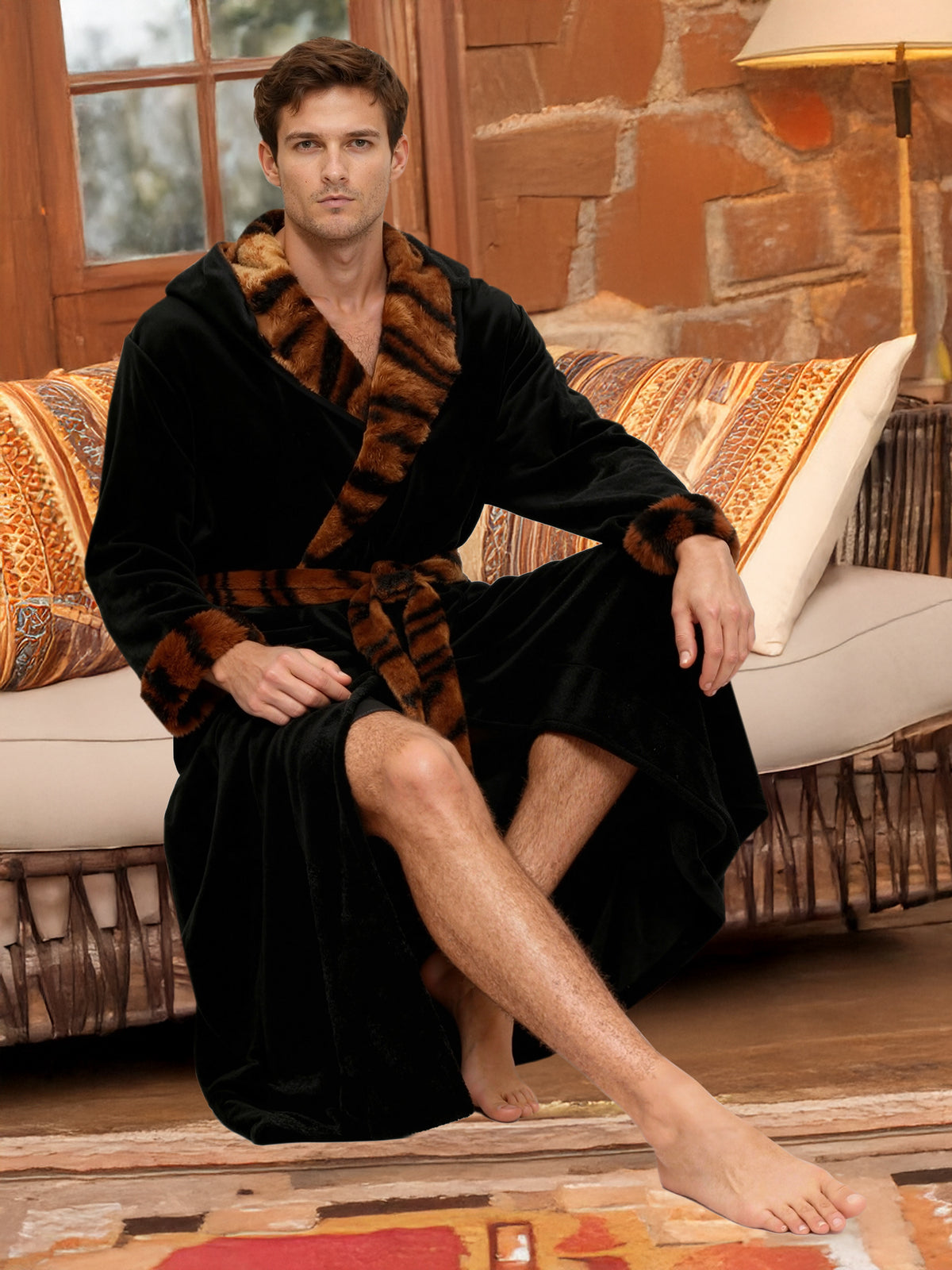 Men's Black with Tiger Print Plush Fleece Hooded Bathrobe, Full Length Long Warm Lounge Robe with Hood