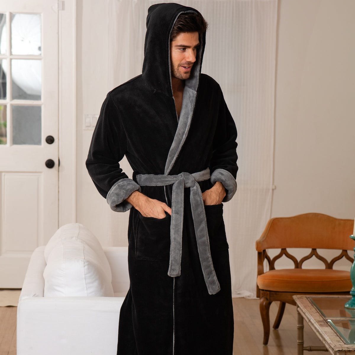 Men's Black with Gray Contrast Plush Fleece Hooded Bathrobe, Full Length Long Warm Lounge Robe with Hood