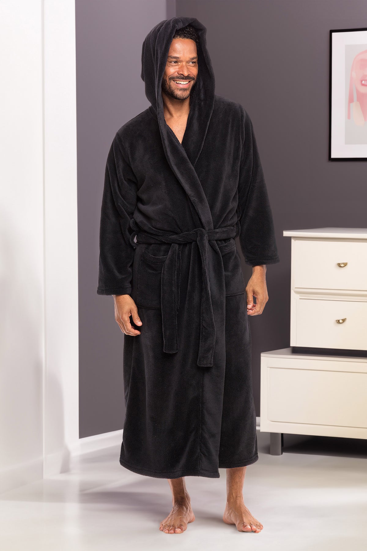 Men's Black Plush Fleece Hooded Bathrobe, Full Length Long Warm Lounge Robe with Hood