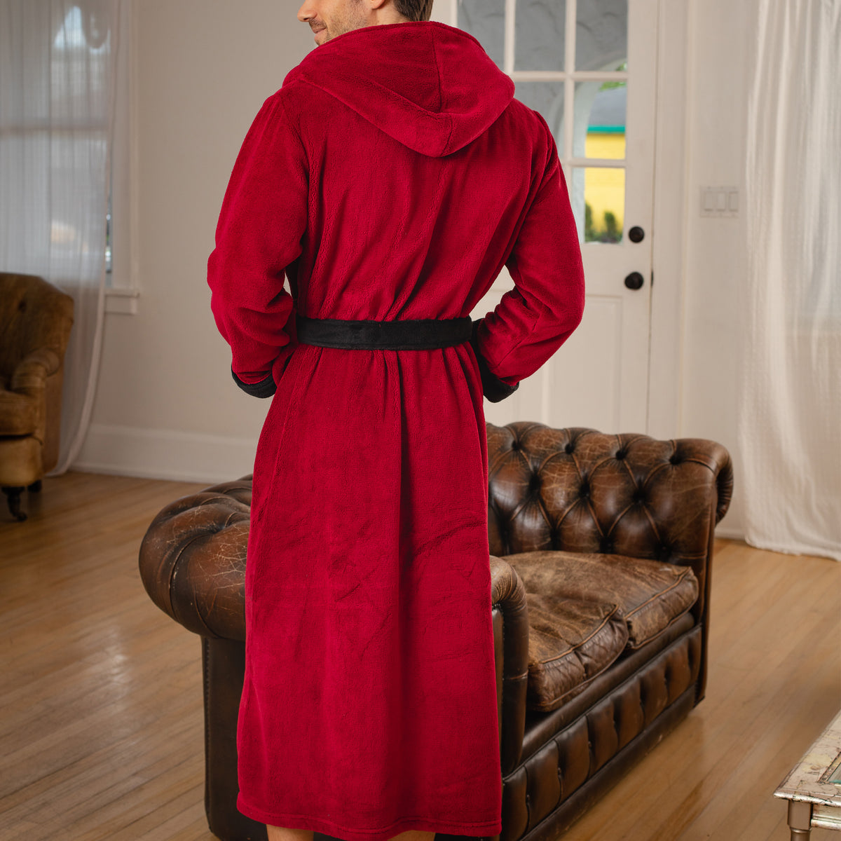 Men's Burgundy with Black Plush Fleece Hooded Bathrobe, Full Length Long Warm Lounge Robe with Hood