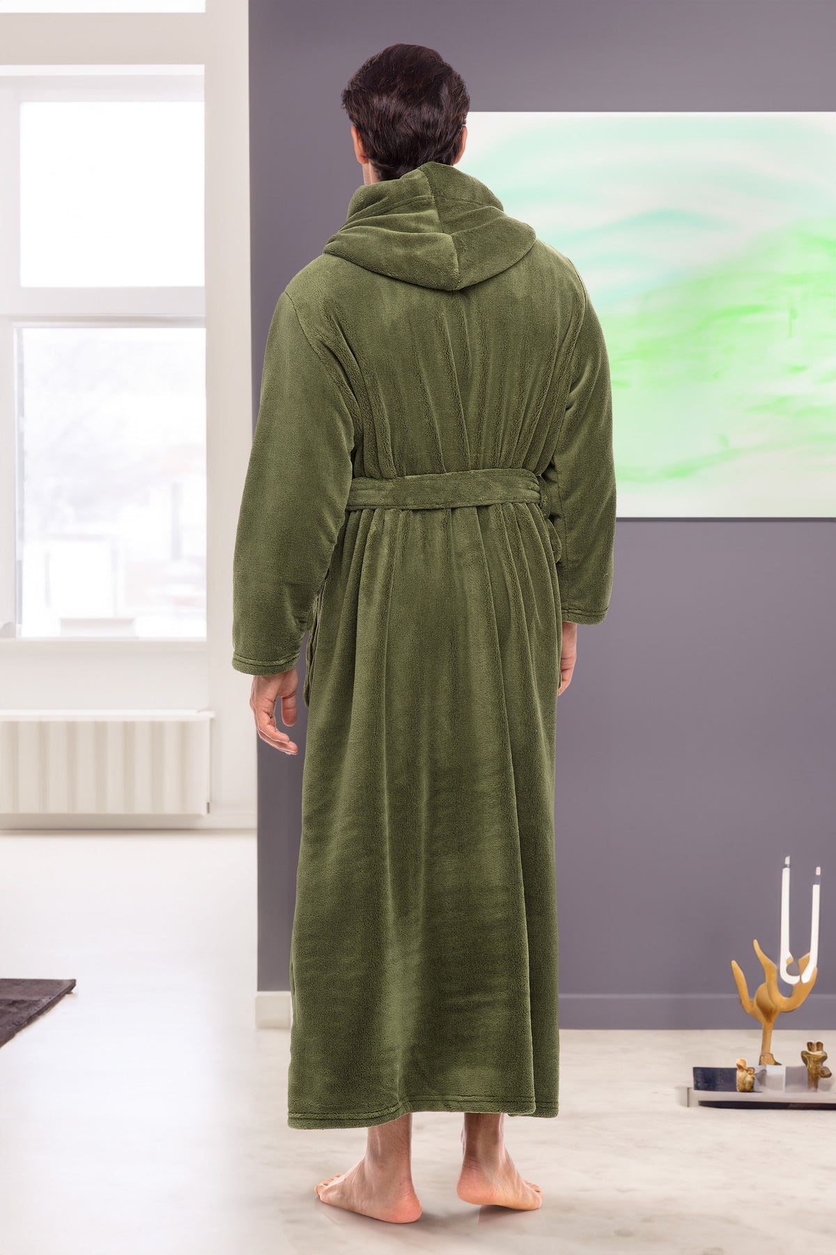 Men's Army Green Plush Fleece Hooded Bathrobe, Full Length Long Warm Lounge Robe with Hood