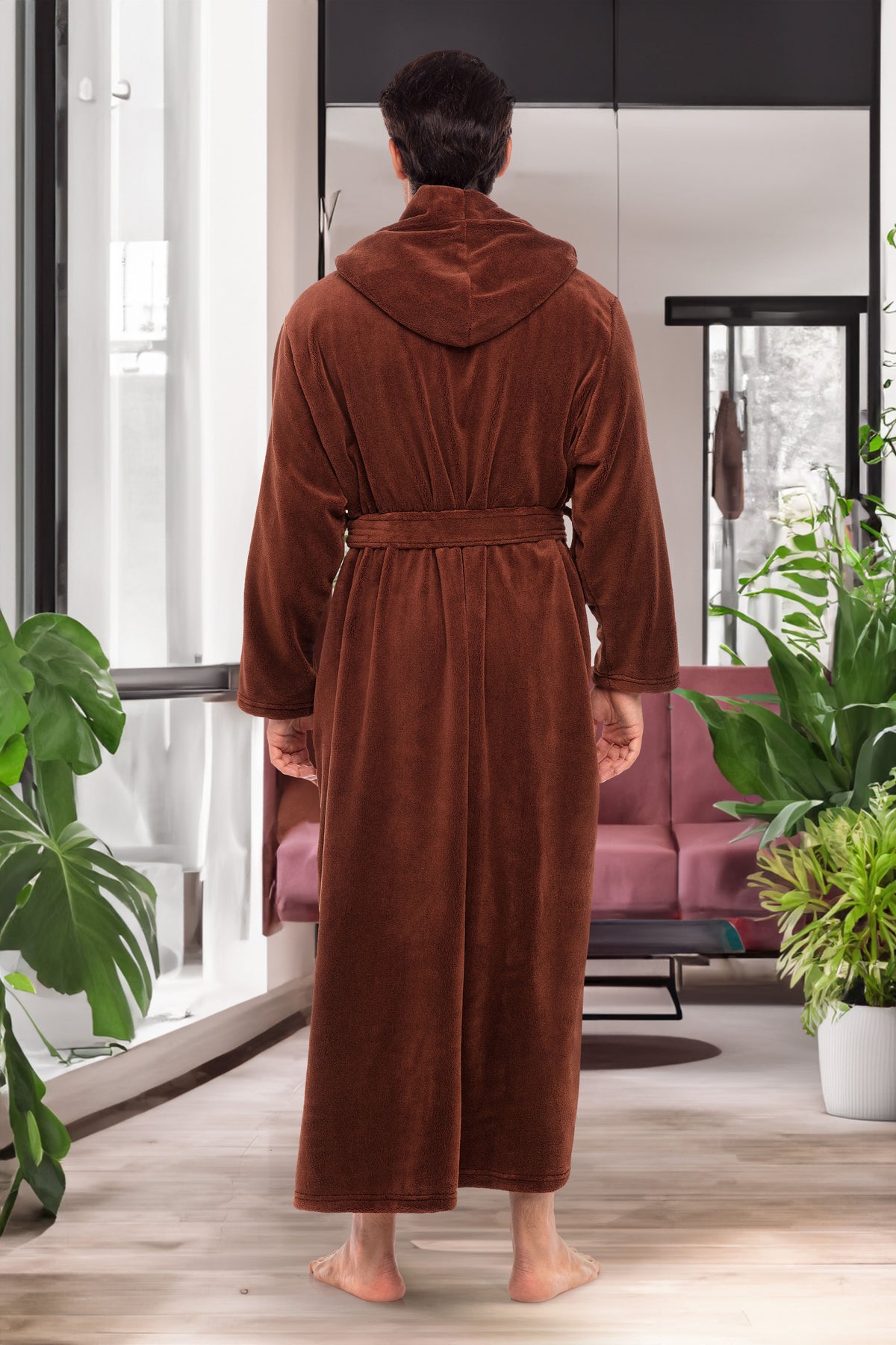 Men's Chocolate Plush Fleece Hooded Bathrobe, Full Length Long Warm Lounge Robe with Hood