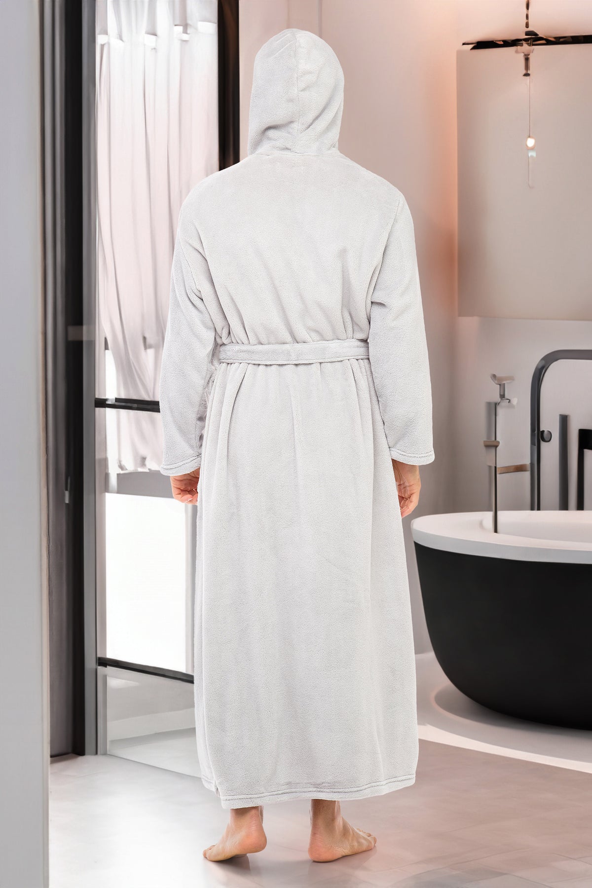 Men's Light Gray Plush Fleece Hooded Bathrobe, Full Length Long Warm Lounge Robe with Hood