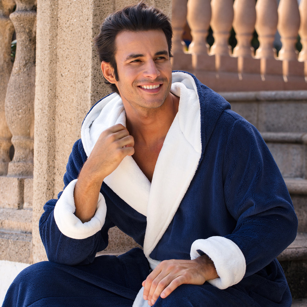 Men's Navy Blue with White Plush Fleece Hooded Bathrobe, Full Length Long Warm Lounge Robe with Hood