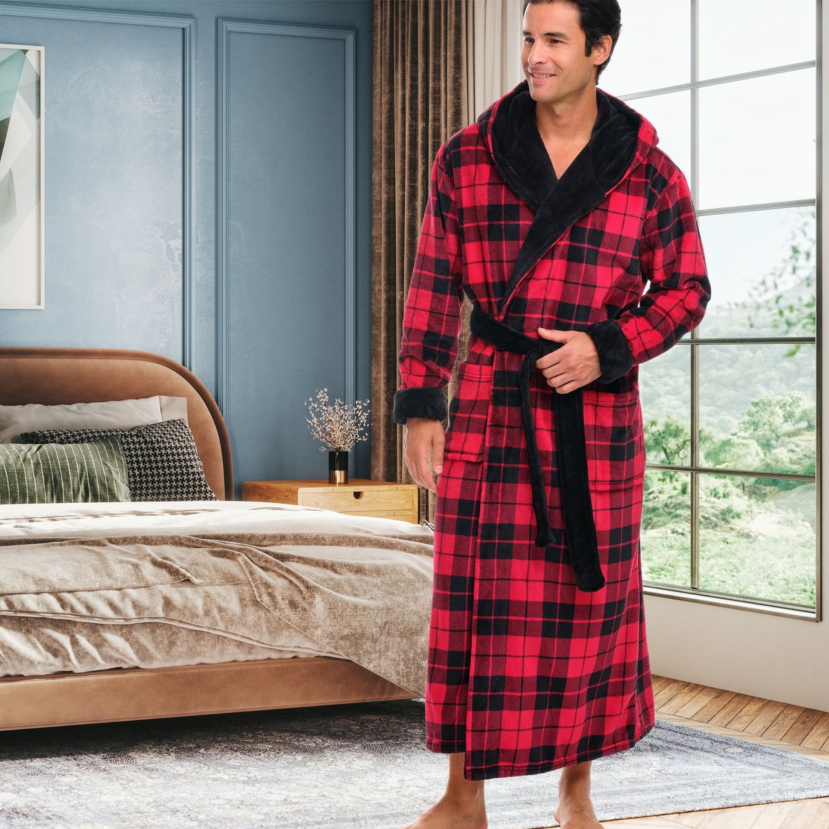 Men's Red Black Plaid Contrast Plush Fleece Hooded Bathrobe, Full Length Long Warm Lounge Robe with Hood