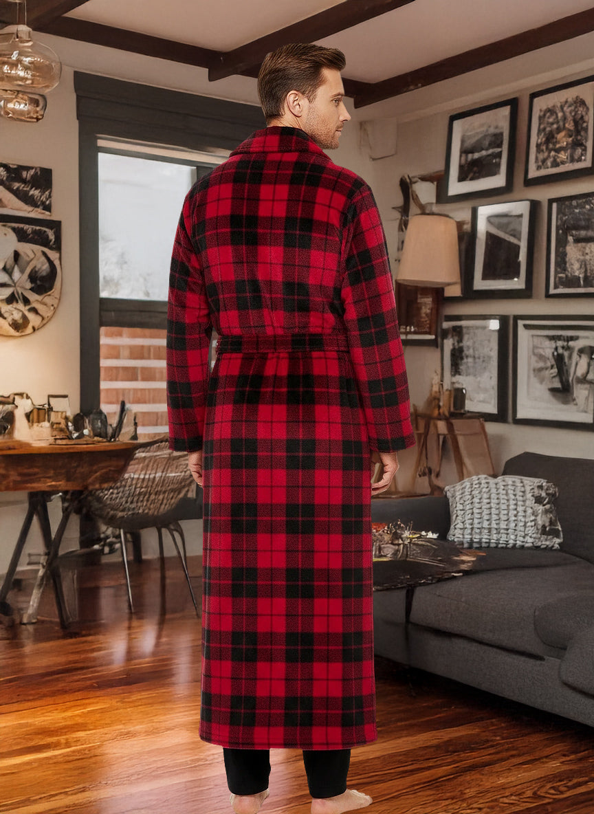 Men's Red Black Plaid Plush Fleece Hooded Bathrobe, Full Length Long Warm Lounge Robe with Hood