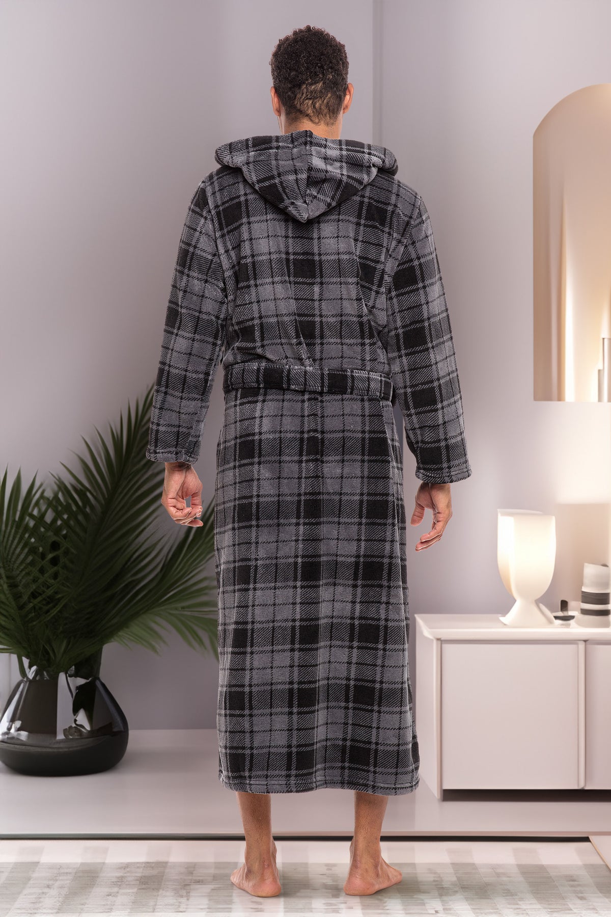 Men's Gray Plaid Plush Fleece Hooded Bathrobe, Full Length Long Warm Lounge Robe with Hood
