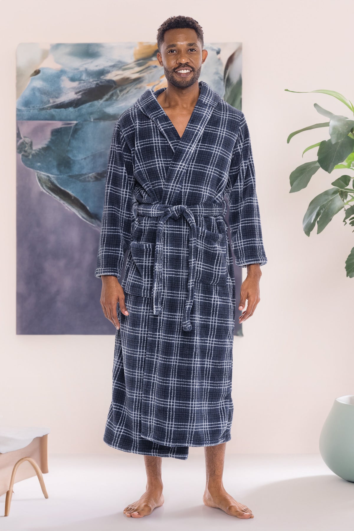 Men's Blue Gray Plaid Plush Fleece Hooded Bathrobe, Full Length Long Warm Lounge Robe with Hood