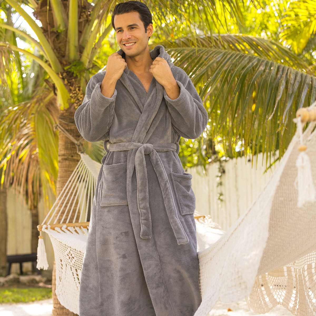 Men's Steel Gray Plush Fleece Hooded Bathrobe, Full Length Long Warm Lounge Robe with Hood