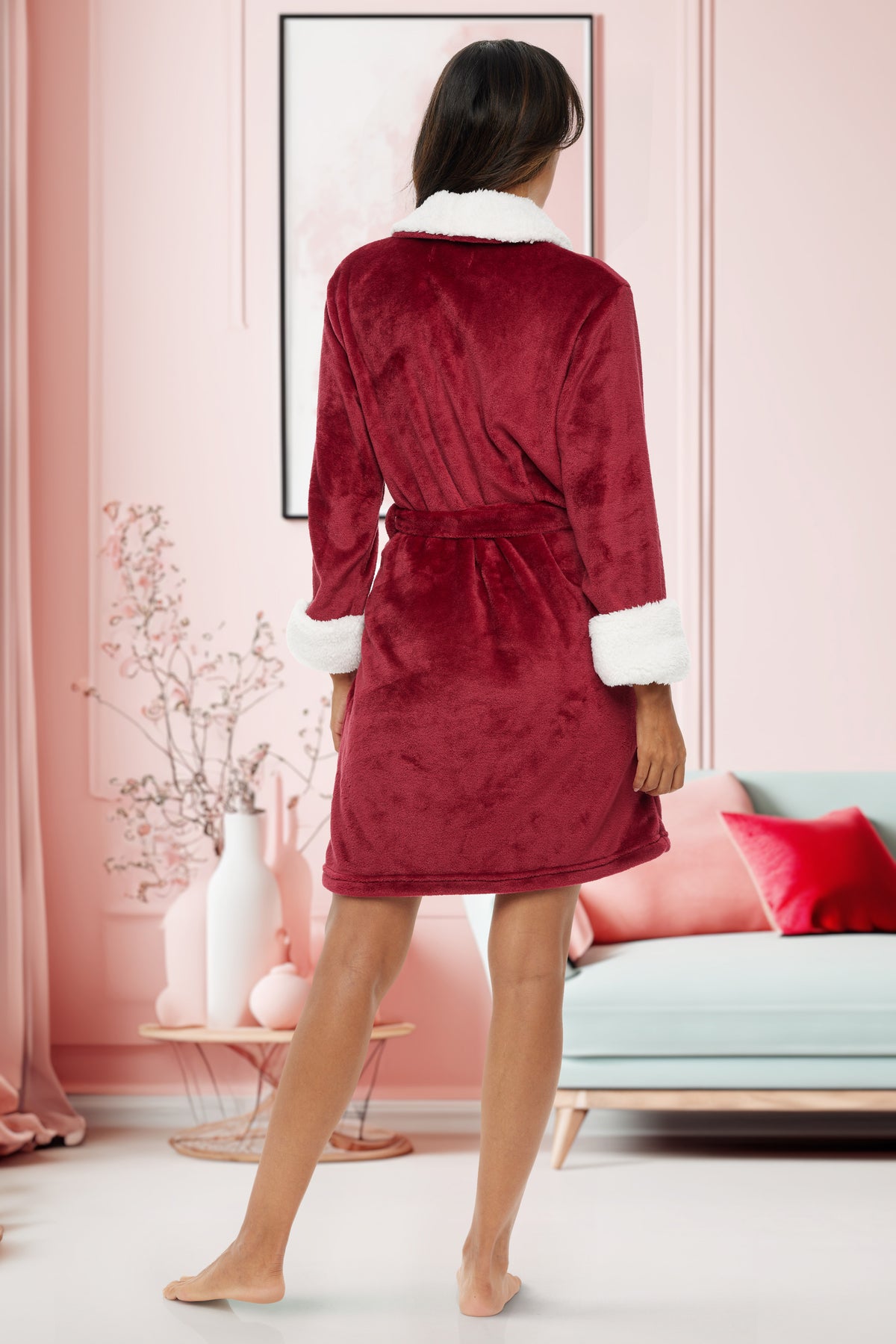 Women's Burgundy Classic Plush Robe, Short Fleece Bathrobe Solids