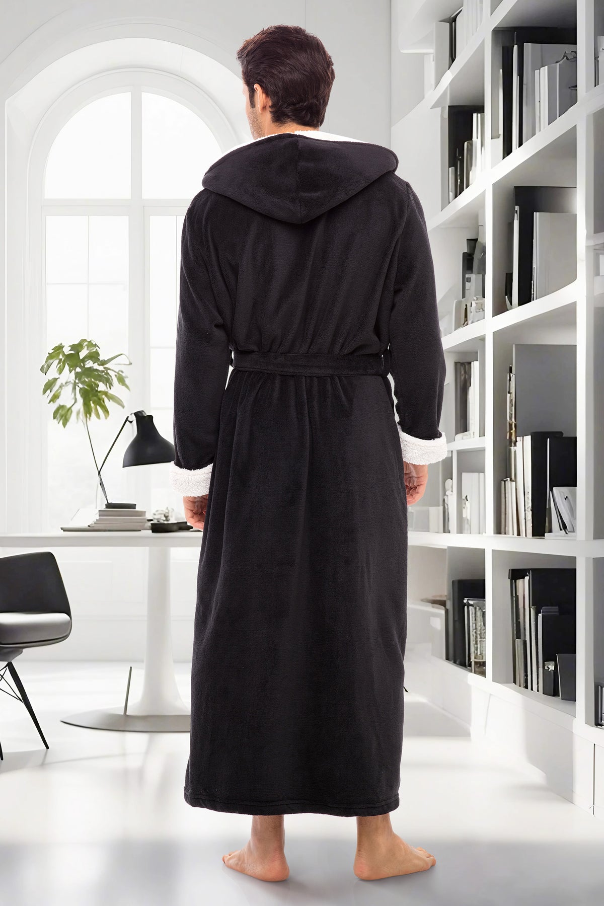 Men's Black with Cream Long Hooded Sherpa Robe, Hooded Big and Tall Plush Fleece Hoodie Bathrobe