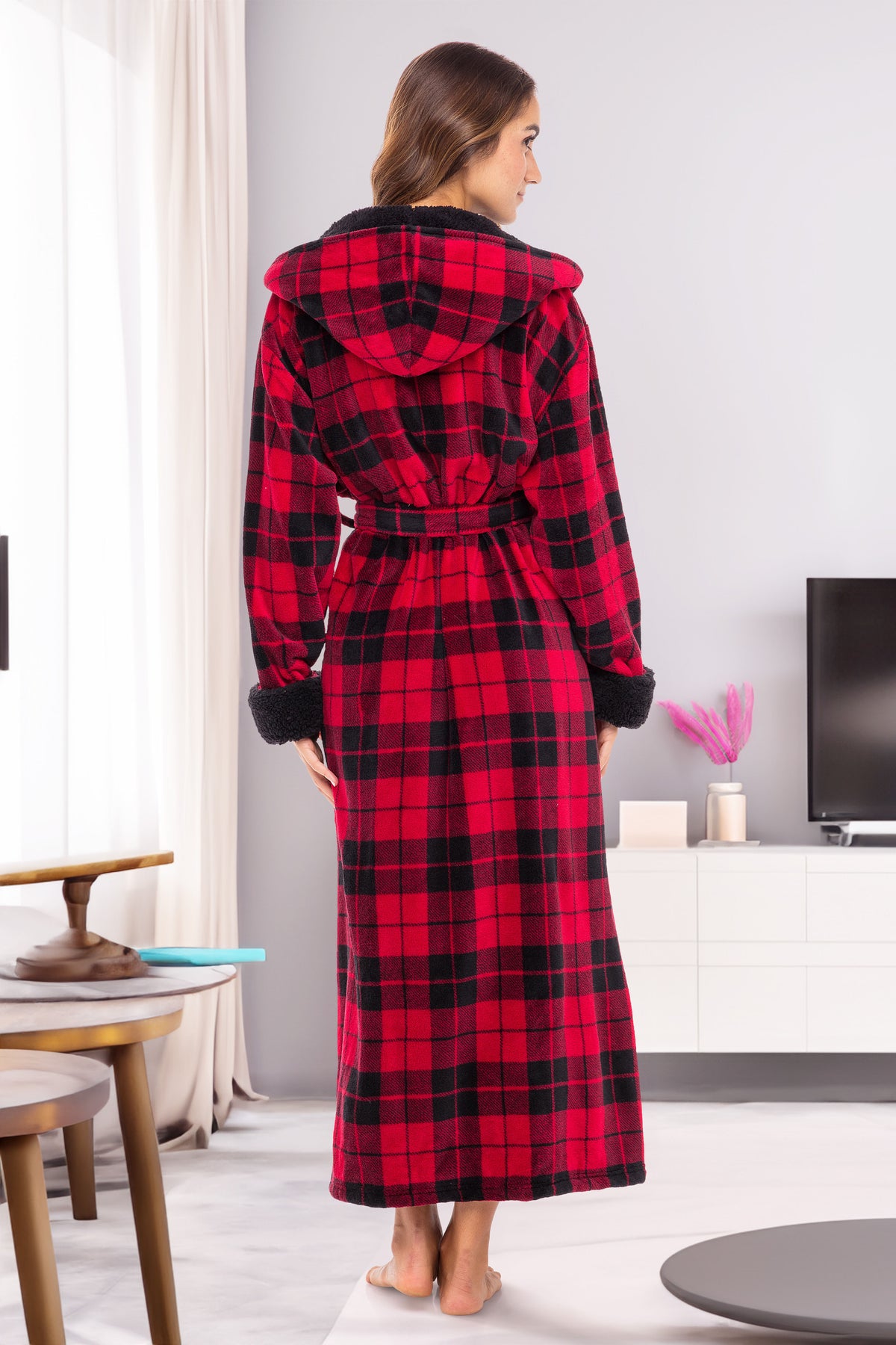 Women's Red Black Plaid with Black Warm Fleece Sherpa Robe with Hood, Long Plush Hoodie Sherpa Bathrobe