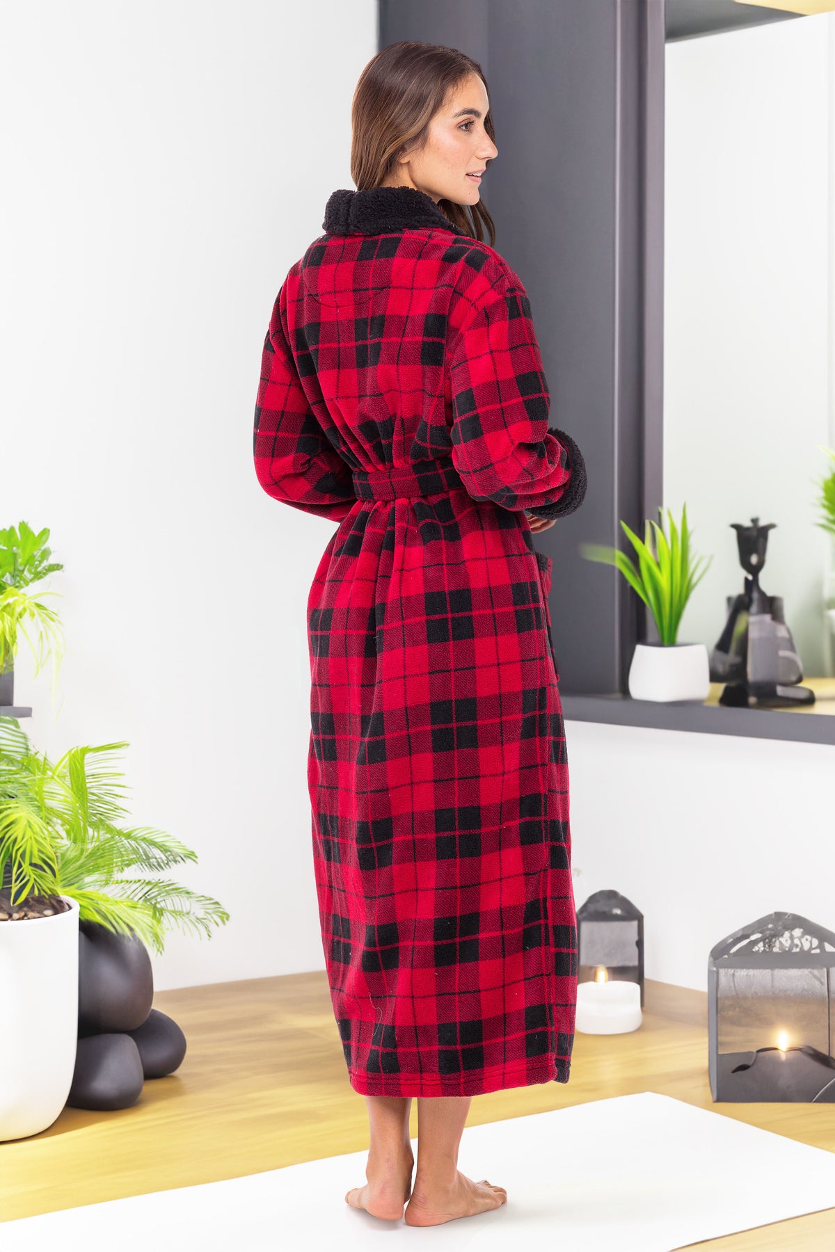 Women's Red Black Plaid with Black Plush Sherpa Robe, Long Cozy Warm Bathrobe