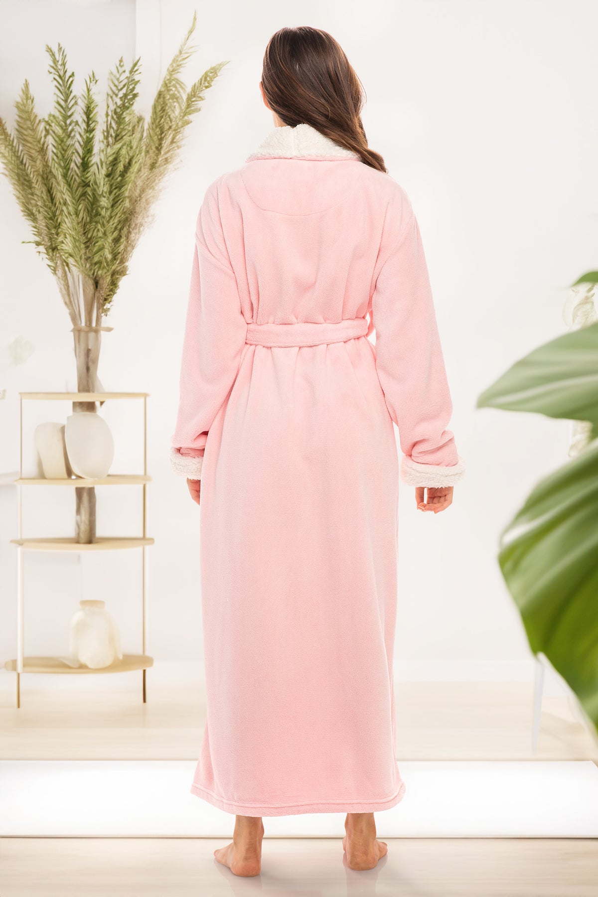 Women's Pink Rose Quartz Plush Sherpa Robe, Long Cozy Warm Bathrobe