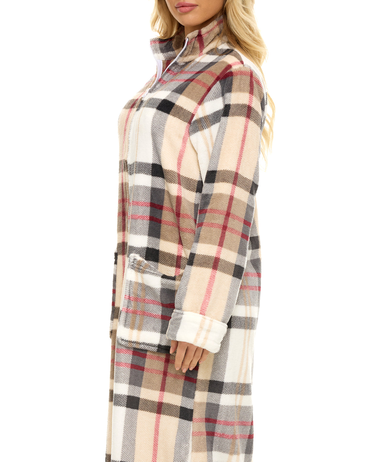 Women's Designer Plaid with Cream Zip Up Plush Robe, Oversized Bathrobe with Two Way Zipper